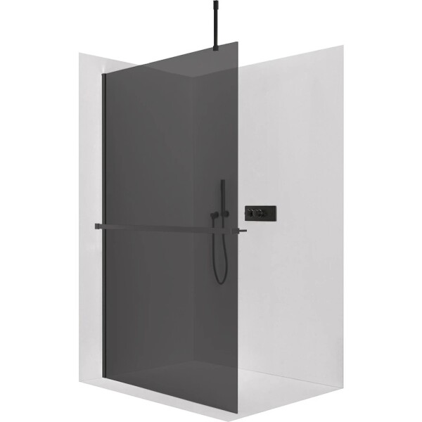CERANO Sprchová zástěna Walk-in Onyx Top Cube L/P - 8 mm - hranatá vzpěra + polička/držák na ručníky - černá matná, grafitové sklo - 120x200 cm