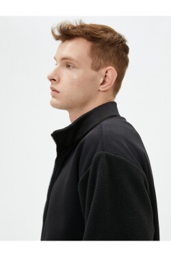 Koton Plush Sweatshirt with Zipper Stand Collar Pocket Detail