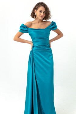 Lafaba Women's Turquoise Bateau Neckline Long Satin Evening Dress & Graduation Dress