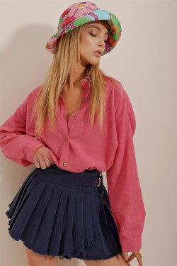 Trend Alaçatı Stili Women's Fuchsia Oversize Linen Shirt