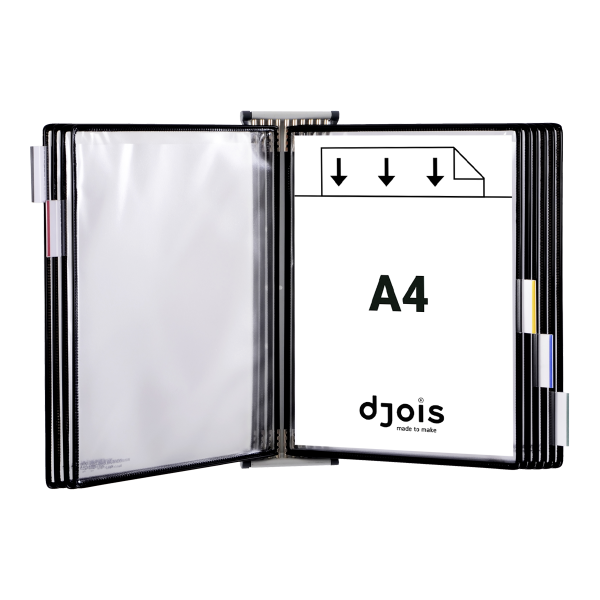 Djois nástěnný kovový držák s rámečky, 10 rámečků s kapsami A4 na výšku, černé, 1 set
