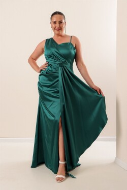 By Saygı Jednostranné lanové popruhy Smaragdová přední strana Nabírané Lemované Plus Size Dlouhé saténové šaty