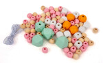 Korálky dřevěné 80ks + šňůrka - Pastel