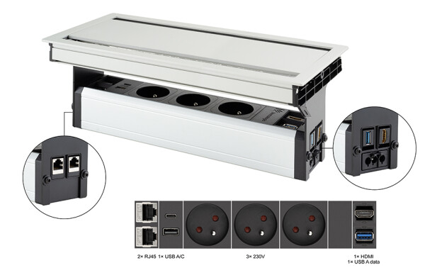 Versalogic VersaFlap dual 2.0 elektrická zásuvka 3x 230V FR RJ45 HDMI USB A/C + data hliník (497059)