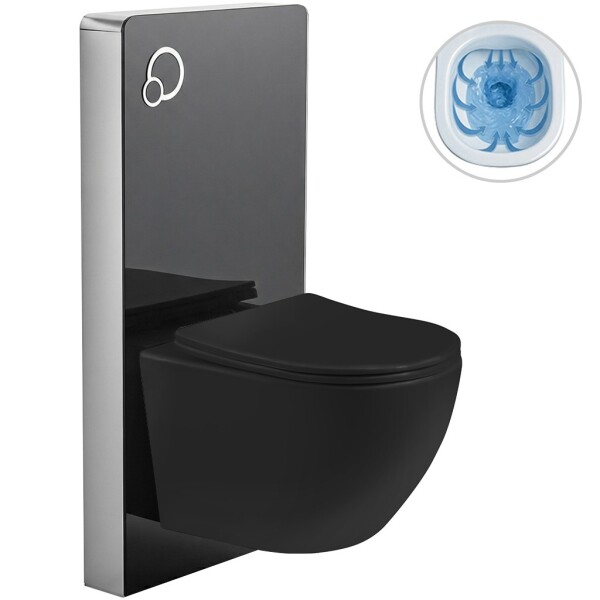 CERANO Kompletní WC set sanitární splach. modul - černá matná + WC závěsné Cesso, Rimless + Slim/UF sedátko - černá lesklá - 49x36 cm
