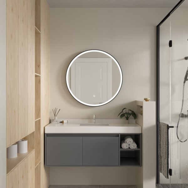 Erga Olivia, kulaté LED zrcadlo 80cm, černý kovový rám, 1840 lm, 6500K, přední osvětlení, ERG-V01-202-8080-BK