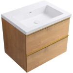 CERANO - Koupelnová skříňka Velora - dub medový, úchytka zlatá + umyvadlo z lit. mramoru Ovo - bílá lesklá - 70,5x58x46,5 CER-980017