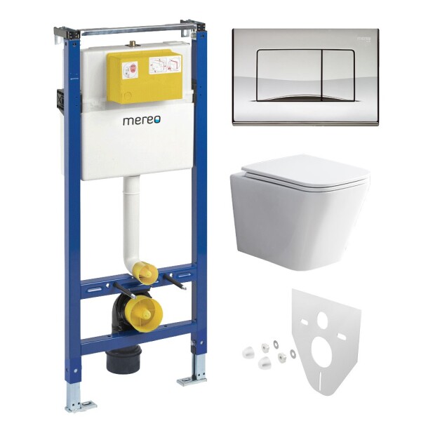 Mereo WC set - Rimless WC hranaté, modul pro sádrokarton, chrom hranaté tlačítko lesklé MM02NSETRS322