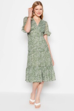 Trendyol Zelená Zvířecí vzor A-Linie Zvon Forma volánky Midi podšívka Tkané šaty