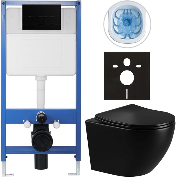 CERANO Kompletní podomítkový WC set Lite/Cesso - černá lesklá - WC tlačítko Line, černá matná - předstěnová instalace - 49x36 cm