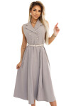 596-2 Elegantní midi košilka se zlatými knoflíky a páskem - GREY BEige UNI