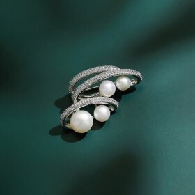 Luxusní perlová brož s čirými zirkony, Stříbrná