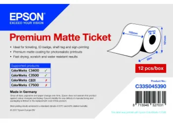 Epson Premium Matte Ticket role 102 mm x 50 m / Role do POS tiskárny / Matný povrch (C33S045390)