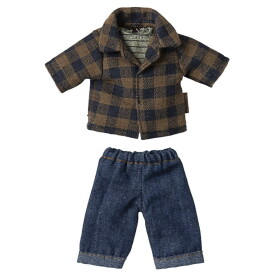 Maileg Kostkovaná košile a džíny pro myšáka / Dad Mouse, hnědá barva, kov, textil