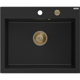 MEXEN/S - Elix granitový dřez 1-miska 600 x 500 mm, černá, sifon zlatá 6525601005-77-G