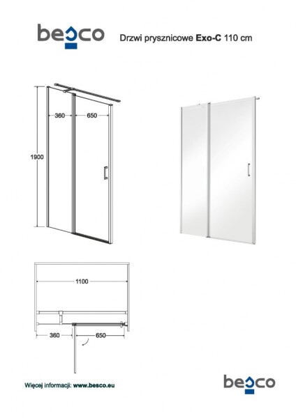 HOPA - Bezrámové sprchové dveře EXO-C - Barva rámu - Chrom/Leštěný hliník (ALU), Pevná stěna - 80 cm, Rozměr A - 110 cm, Rozměr C - 190 cm, Směr zavírání - Univerzální Levé / Pravé, Výplň - Čiré bezpečnostní sklo - 6 mm BCEXOC110CC+BCEXOCH80CC