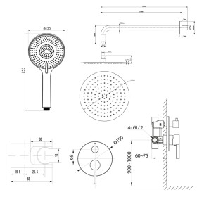 SAPHO - ICONIC podomítkový sprchový set s pákovou baterií, 2 výstupy, vyústění, černá mat AF042B-01