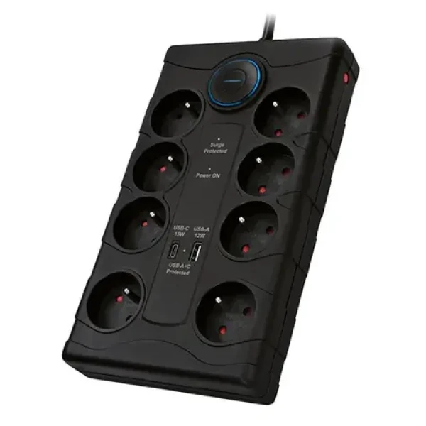Solight PO80 přepěťová ochrana černá / 370J / 8 zásuvek / 2m (8592718027049)