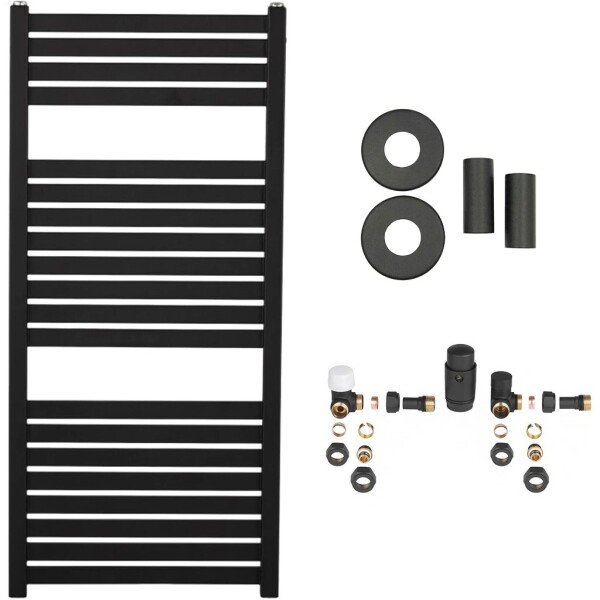 CERANO Koupelnový radiátorový set Vincenzo - ústřední výtápění - boční připojení - 300W - černá matná - 970x450 mm