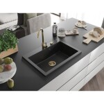 MEXEN/S - Elix granitový dřez 1-miska 700 x 500 mm, černá/stříbrná metalik, sifon zlatá 6526701005-73-G