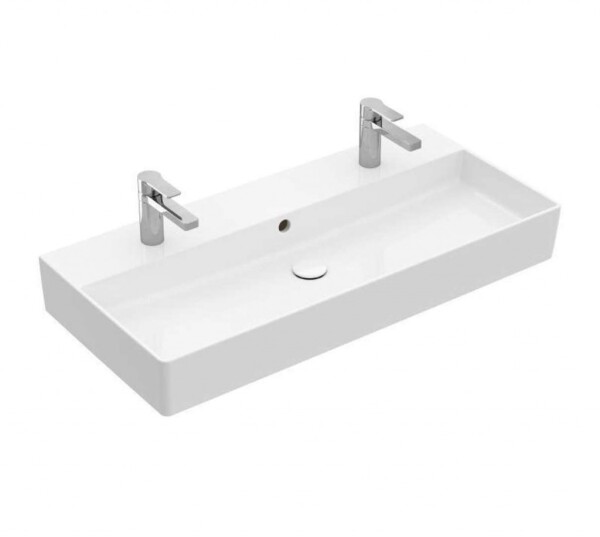 VILLEROY & BOCH - Memento 2.0 Dvojumyvadlo 100x47 cm, s přepadem, 2 otvory pro baterii, alpská bílá 4A22A401