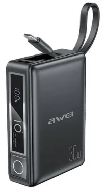 AWEI P87K černá / Powerbanka / 10000mAh / 30W / integrovaný kabel USB-C + Lightning (P87K)