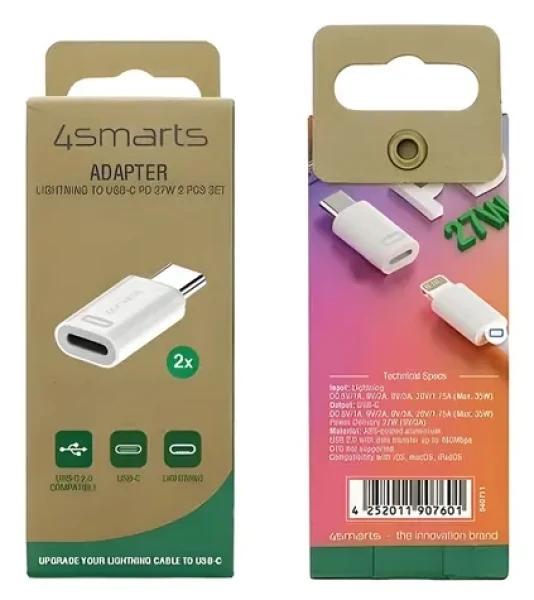 4smarts Adaptér USB-C na Lightning PD 27W bílá / Adaptér / Power Delivery / hliník / 2 ks (540711)