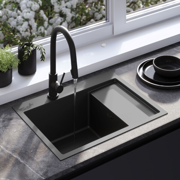 REA - Ocelový dřez Fin Black s kuchyňskou baterií KPL-96014