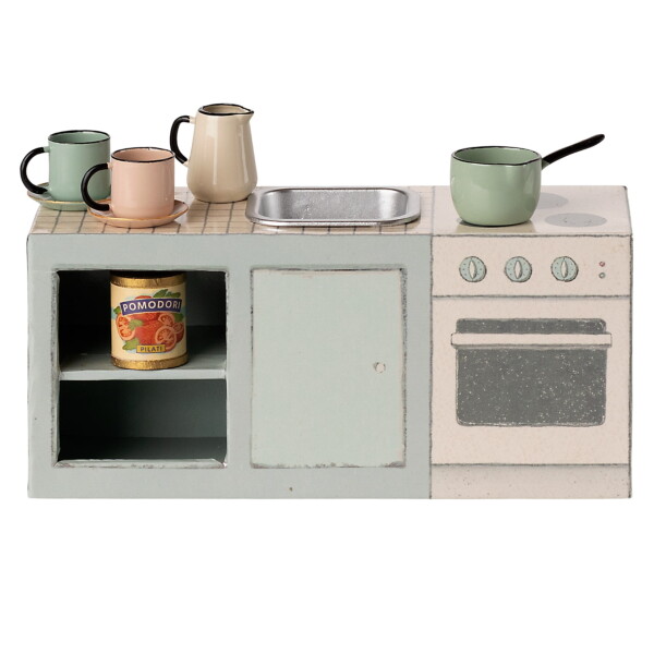 Maileg Kuchyňský kout s nádobím pro myšky Maileg, šedá barva, papír, pryskyřice