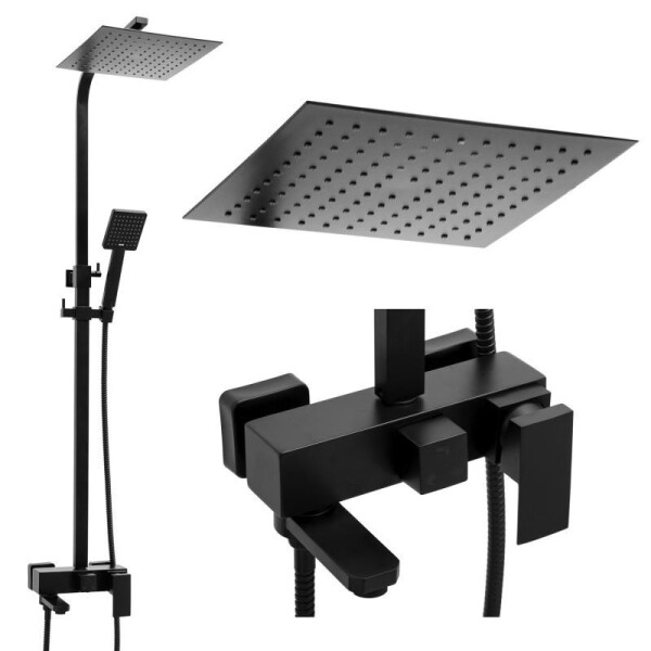Erga Cube, sprchová souprava s pákovou baterií, vanovou výlevkou a dešťovou hlavicí 25x25cm, černá matná, ERG-YKA-BP.CUBE-25-BLK