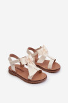 Lakované dětské sandálky s mašlí na suchý zip světle béžové Joratia 23