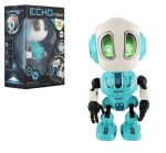 Robot ECHO opakující věty kovový 12cm modrý na baterie se zvukem se světlem v krabičce 10,5x15x5,5cm