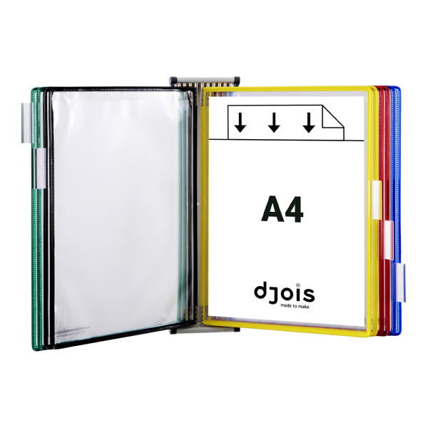 Djois nástěnný kovový držák s rámečky, 10 rámečků s kapsami A4 na výšku, rámečky mix barev, 1 set
