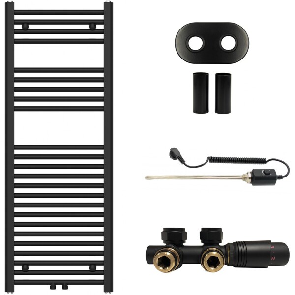 CERANO - Koupelnový radiátorový set Benito - kombinované vytápění, termo tyč - středové připojení 50 mm - 300W - černá matná - 1200x450 mm CER-232489