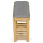 Botník / taburet, 2 police, masiv bambus, přírodní odstín, šedá látka