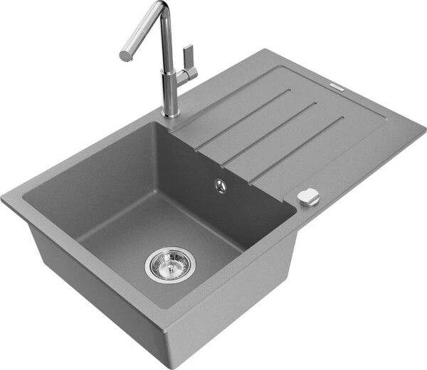 MEXEN - Bruno granitový dřez 1 s odkapávačem včetně baterie Flora, šedá 6513-71-670401-00
