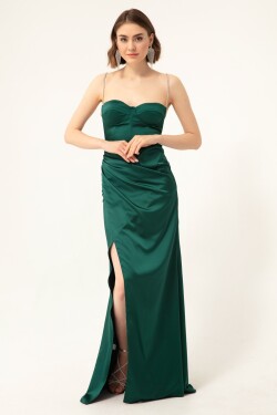 Lafaba Women's Emerald Green Long Satin Evening Dress with Stone Straps and Slit