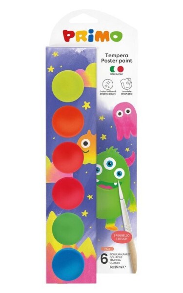 Temperové barvy PRIMO FLUO, 6 x 25ml, štětec, kelímky