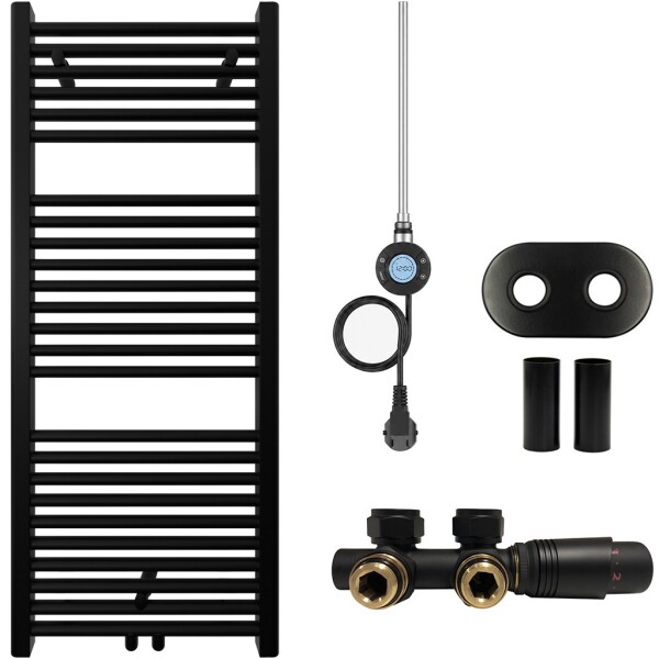 CERANO Koupelnový radiátorový set Lincoln - kombinované výtápění, wifi tyč - středové připojení 50 mm - 300W - černá matná - 1200x500 mm