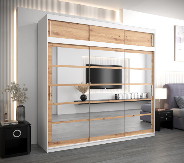 Šatní skříň Abi Ro2 s nástavcem Barva korpusu: Bílá, Rozměry: 250 cm, Dveře: Dub artisan