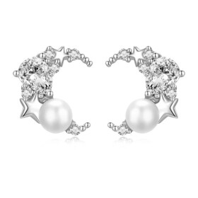 Stříbrné náušnice s perlou Moon & Pearl, stříbro 925/1000, Bílá