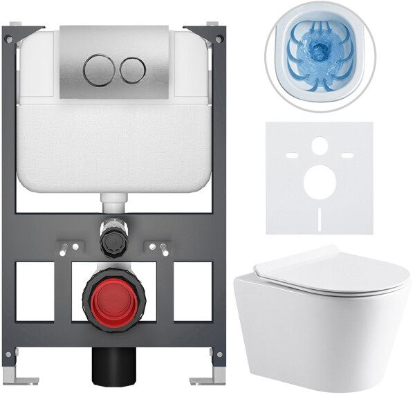 CERANO - Kompletní WC set Basic/Carlito - bílá lesklá - WC tlačítko Dualo/Stříbrná - závěsné - nízký modul - předstěnová instalace - 48,5x36,5 CER-8050BD86029