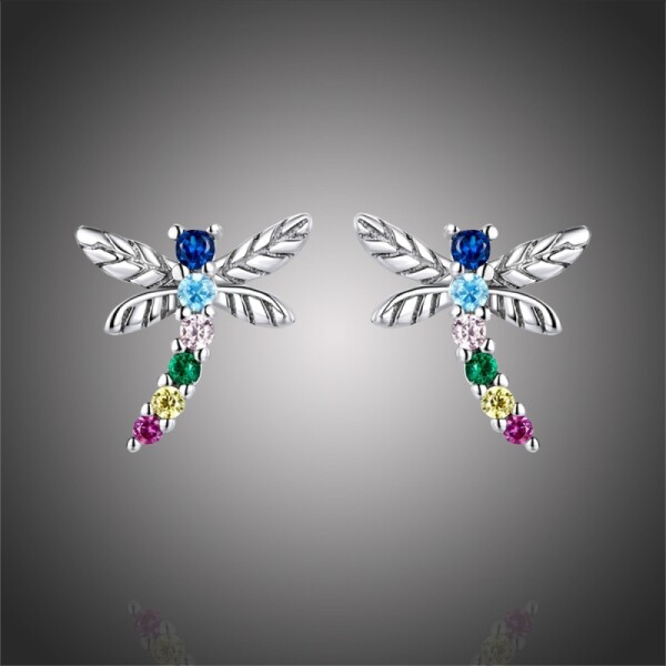 Stříbrné náušnice se zirkony Jolanda, stříbro 925/1000, vážka, Barevná/více barev