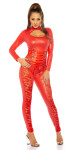 Sexy KouCla Leatherslook Longsleeve Catsuit w. krajka red Einheitsgroesse