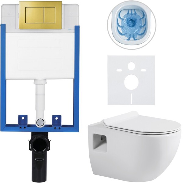 CERANO - Kompletní WC set Profi/Dure - bílá lesklá - WC tlačítko Classic/Zlatá - pro zazdění - 51x35 CER-554226