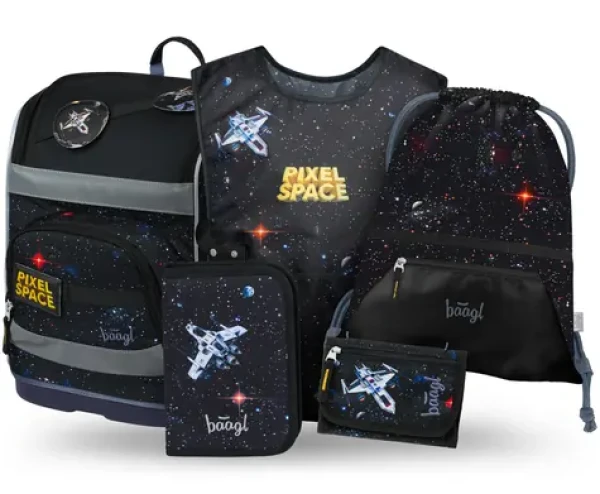 BAAGL SET 5 - Školní set Zippy Plus Pixel Space: aktovka / penál / sáček / zástěra / peněženka (A-34956)