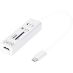 Digitus DA-70243 3 porty USB 2.0 hub s konektorem USB C, s hliníkovým krytem, s funkcí OTG, se zabudovanou čtečkou SD karet, kovový ukazatel hliník