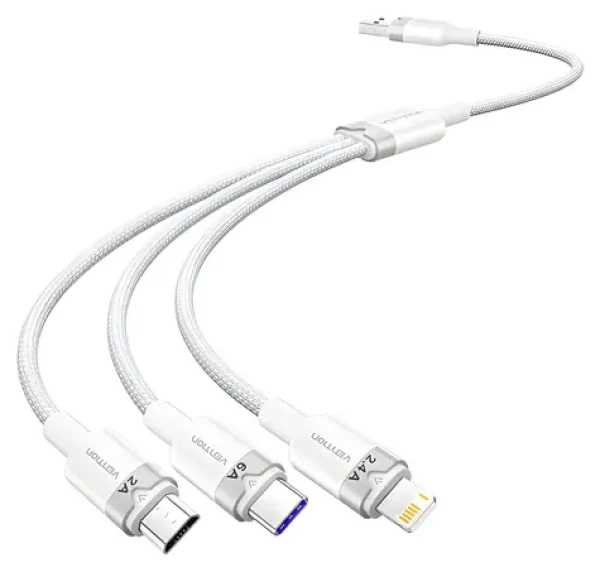 Vention CTRWG bílá / Kabel USB-A na USB-C, Lightning, Micro-B / 6A / 120W / 1,5 m (CTRWG)