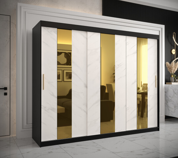 Šatní skříň Abi Golden Pole Barva korpusu: Černá, Rozměry: 250 cm, Dveře: Bílý mramor se zlatým zrcadlem