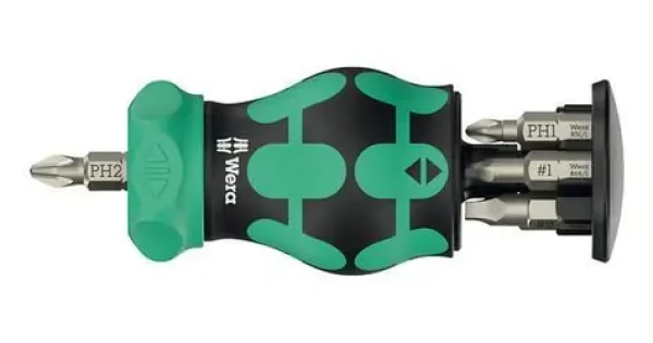 Wera Kraftform Kompakt Stubby Magazine RA 4 černá/zelená / Šroubovák s držákem bitů / 6 bitů / 1/4" / s ráčnou (05008893001)